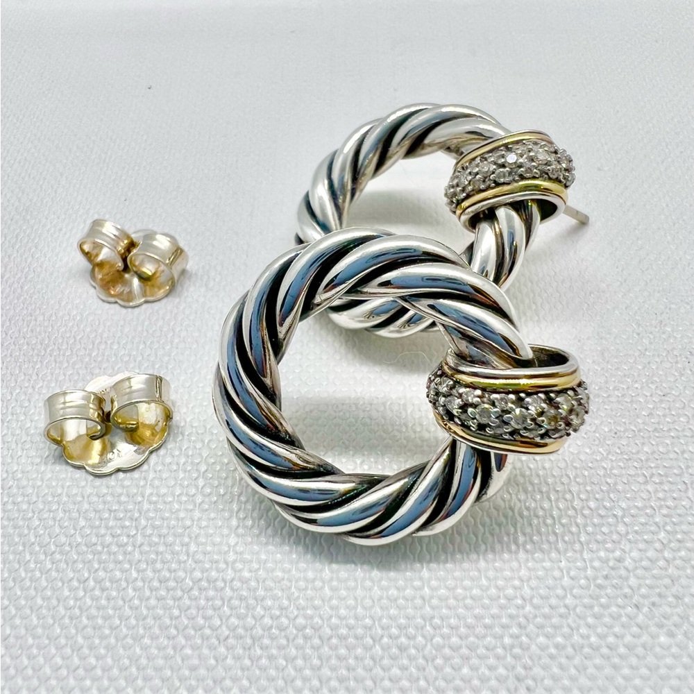 David Yurman Sterling Silver 18k Diamond Cable Door Knocker Earrings - Picture 12 of 12